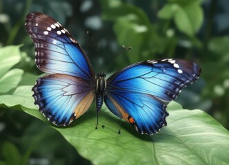 Naklejka premium Butterfly with blue watercolor wings perched on a leaf , Botanical, Insect, Floral
