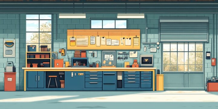 Spacious modern workshop with organized tools, blue cabinetry, and large windows providing natural light for an inviting and efficient workspace environment