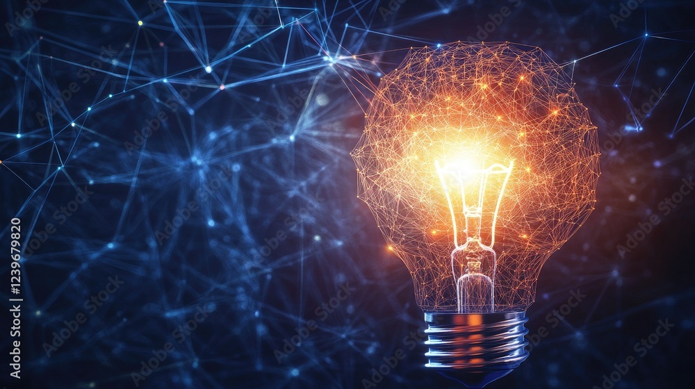 Poster futuristic ai lines connect a glowing brain to a bright light bulb, symbolizing the spark of creativ