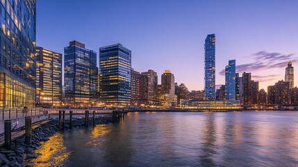 Fototapeta premium Urban skyline view at dusk with river reflections and glowing city lights