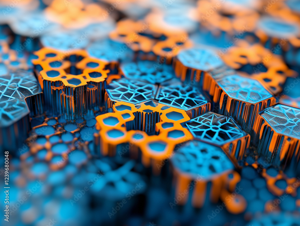 Poster 3d rendering of a blue and orange hexagon background pattern creates an abstract technological backd