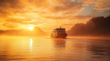 Fototapeta premium Golden sunrise casts a warm glow over calm azure waters, with a passenger vessel embarking on a scenic coastal adventure.