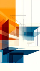 A vibrant abstract composition featuring geometric shapes in blue, orange, and white, creating a sense of depth and movement.
