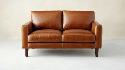 Brown Leather Two Seater Sofa on Light Floor