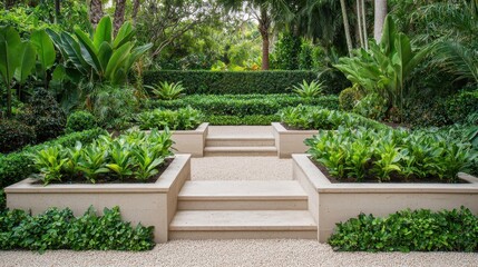 Serene Garden Pathway Surrounded by Lush Greenery and Plants