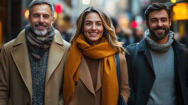 A group of coworkers walking to lunch together, passing through a lively urban street