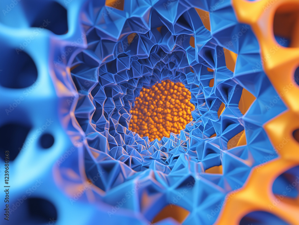 Poster 3d rendering of a blue and orange hexagon background pattern creates an abstract technological backd