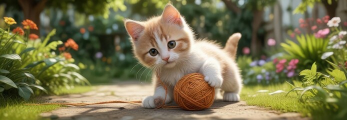 Cartoon sketch of a happy kitten playing with a ball of yarn in a whimsical garden setting ,  whimsy,  pet,  cartoon style
