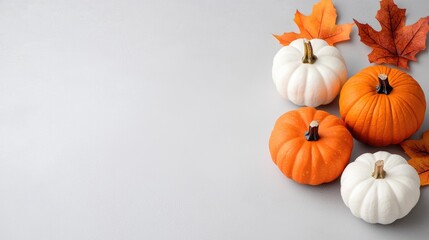 Autumn pumpkins and leaves on grey background, fall decor