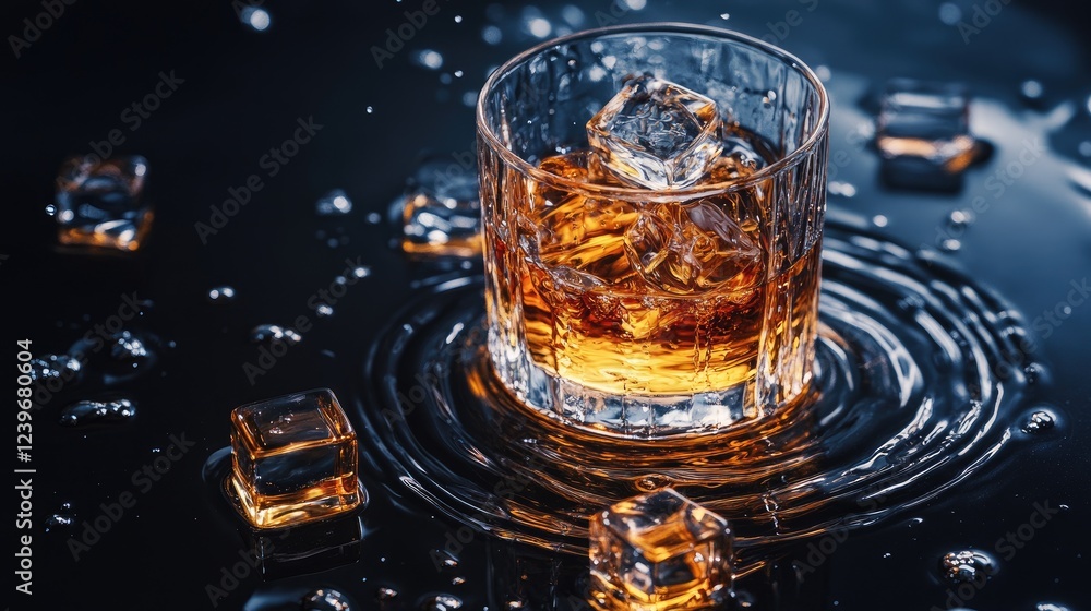 Poster Ice cubes melting slowly on a glossy black surface, with whiskey and water creating ripples and dynamic patterns in the liquid, highlighting a sophisticated scene.