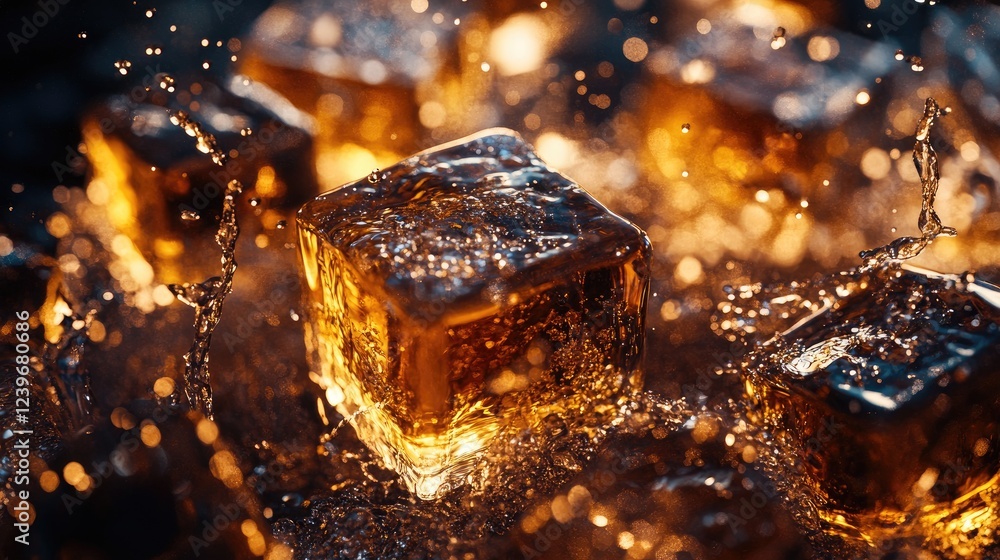 Poster ice cubes with intricate textures, surrounded by whiskey splashes and water droplets, bathed in warm