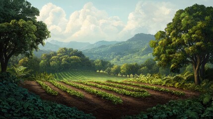 Obraz premium Serene Landscape with Lush Fields Beneath Majestic Mountains