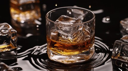 Ice cubes melting slowly on a glossy black surface, with whiskey and water creating ripples and dynamic patterns in the liquid, highlighting a sophisticated scene.