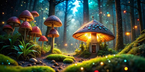 Naklejka premium Enchanting Magical Forest Night Scene with Falling Stars, Mystical Nature Photography