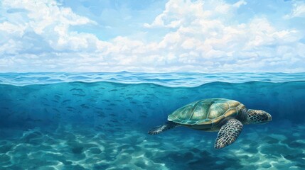 Obraz premium Sea Turtle Swims Through Clear Blue Ocean Under Bright Sky