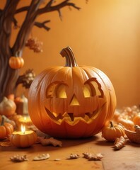 Carved pumpkin decorations with festive autumnal typography on a warm orange background,  autumn,  autumn leaves,  oranges