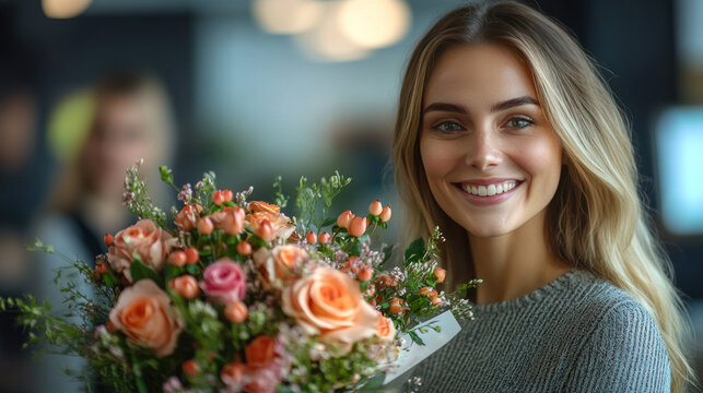 Coworkers congratulating a colleague on a promotion, holding a card and bouquet in an office space