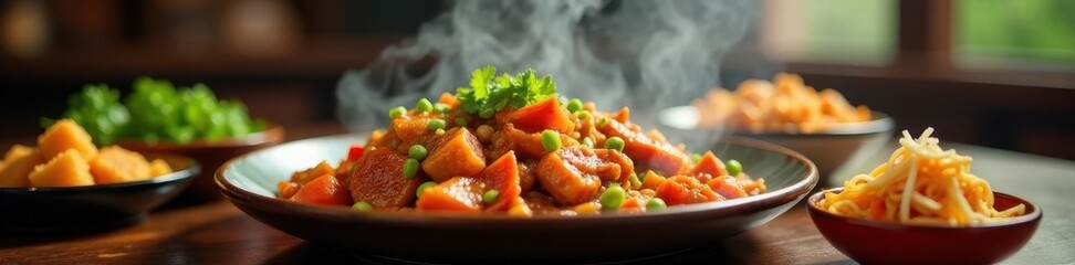 Delicious Chinese food, steaming dishes on table, vegetables, food stylist