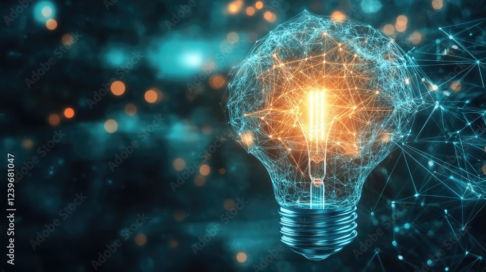 Poster intricate ai lines form a connection between a glowing brain and light bulb, signifying the birth of