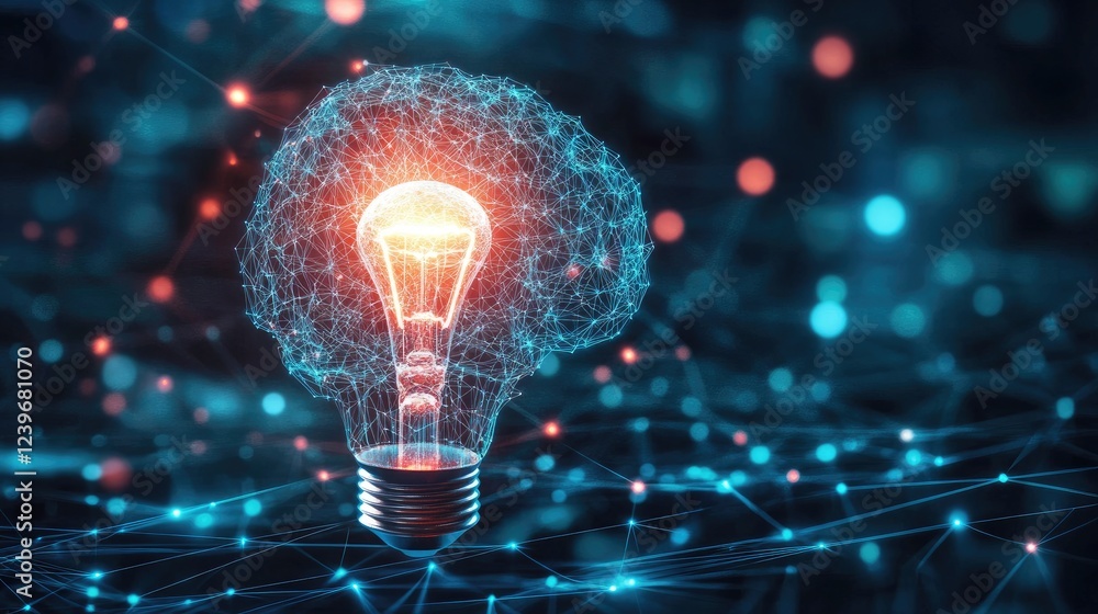 Poster intricate ai lines form a connection between a glowing brain and light bulb, signifying the birth of
