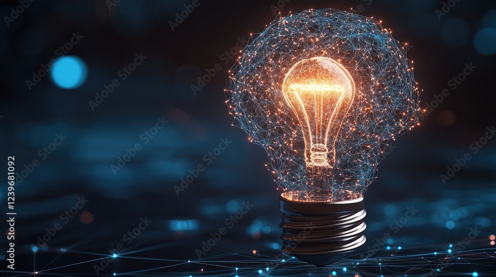 Poster Intricate AI lines form a connection between a glowing brain and light bulb, signifying the birth of creative solutions and cutting-edge ideas.