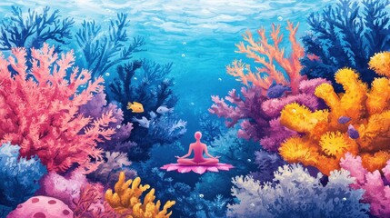 Vibrant Underwater Scene with Coral Reefs and Meditating Figure