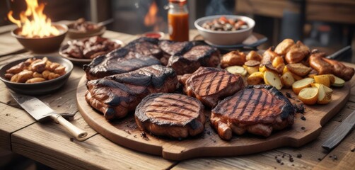 Charred BBQ food on a wooden table, rustic atmosphere ,  wood,  rustic,  charred