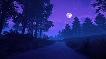 Serene Moonlit Landscape with Trees Under a Starry Purple Sky