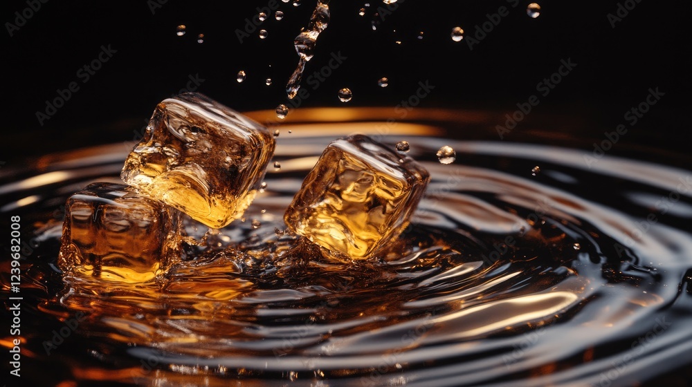 Poster melting ice cubes on a reflective black surface, with whiskey ripples and water droplets forming dyn