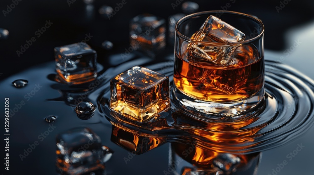 Poster melting ice cubes on a reflective black surface, with whiskey ripples and water droplets forming dyn