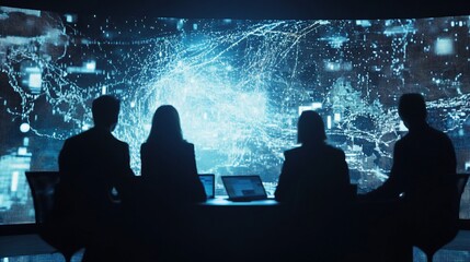 Business Team Analyzing Digital Data on Large Screen at Night Meeting