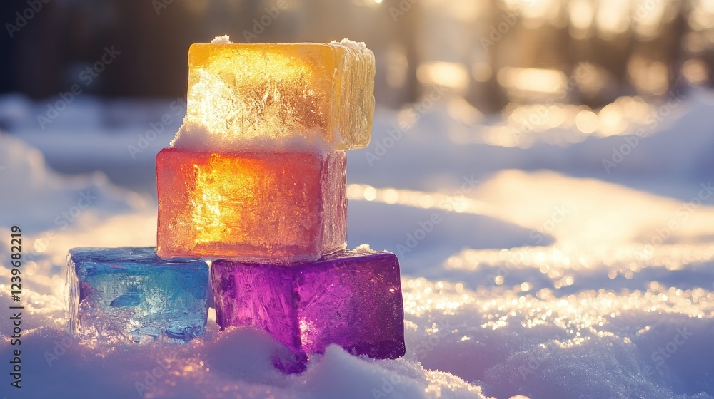 Poster multicolored ice blocks stacked beautifully on fresh snow, with the soft reflection of sunlight enha