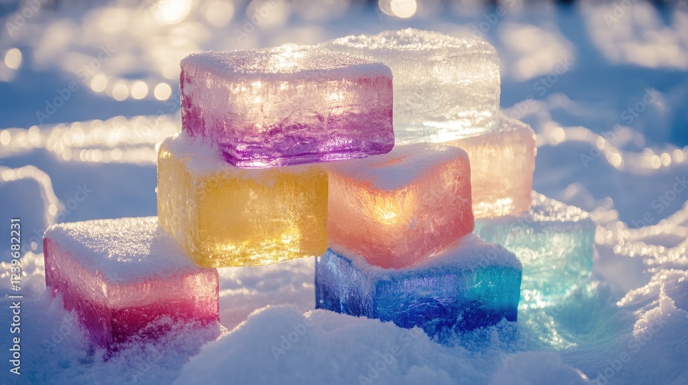 Poster multicolored ice blocks stacked beautifully on fresh snow, with the soft reflection of sunlight enha