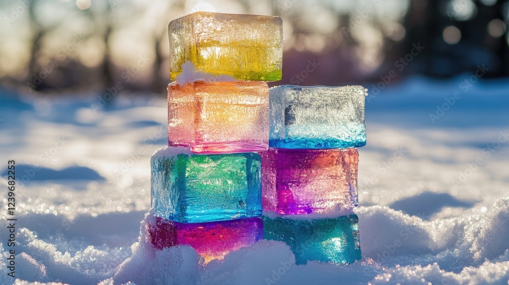 Poster multicolored ice blocks stacked beautifully on fresh snow, with the soft reflection of sunlight enha