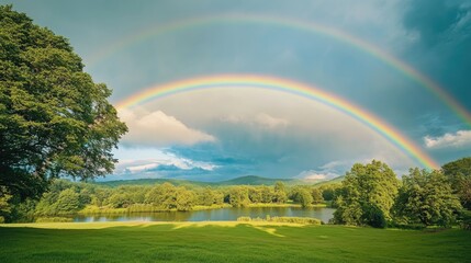Naklejka premium Nature beauty captured in a stunning rainbow arching over a green park, blending with the natural landscape for a mesmerizing view.
