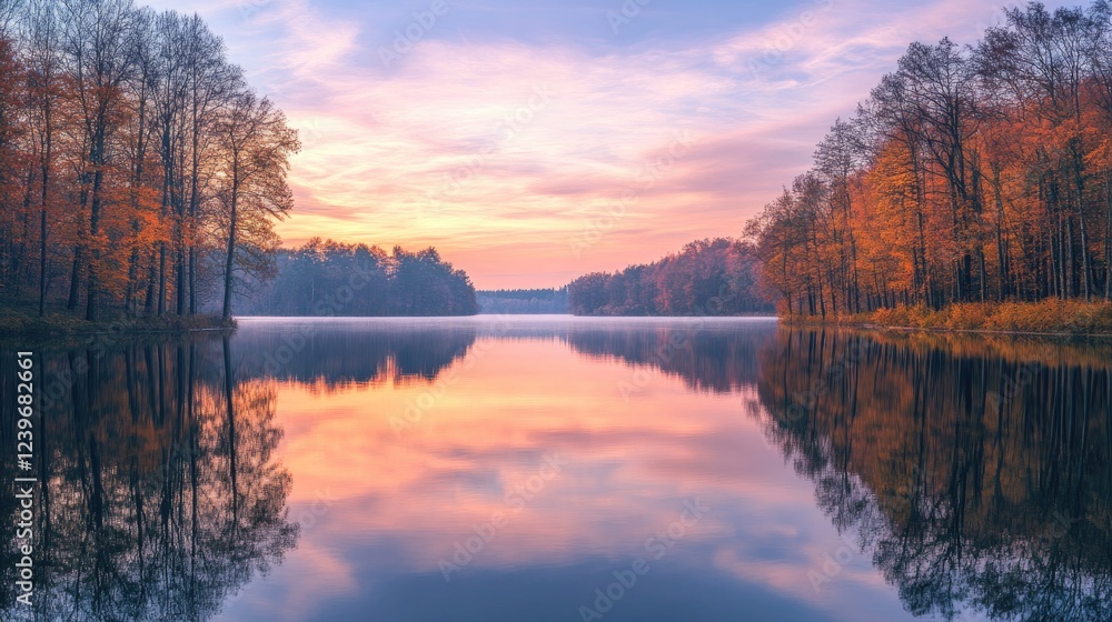 Poster perfectly aligned trees frame a serene lake, with reflections of a pastel-colored sunset sky creatin