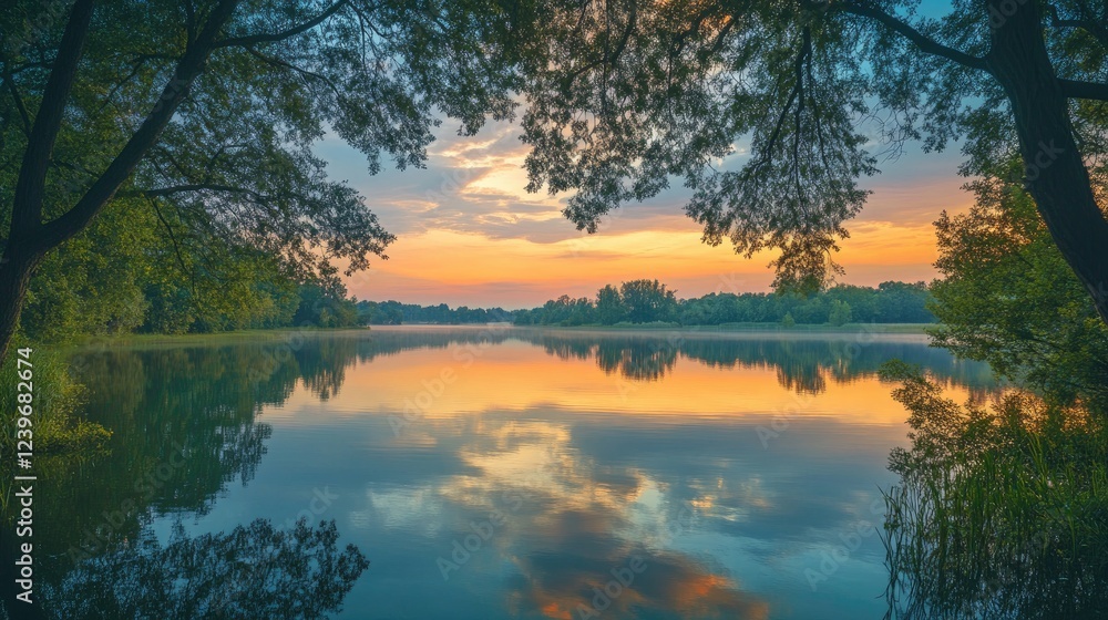 Poster perfectly aligned trees frame a serene lake, with reflections of a pastel-colored sunset sky creatin