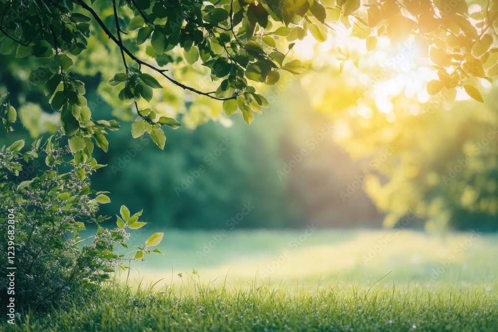 Leinwandbilder lush greenery and soft sunlight create a tranquil atmosphere in a serene park during a summer evenin