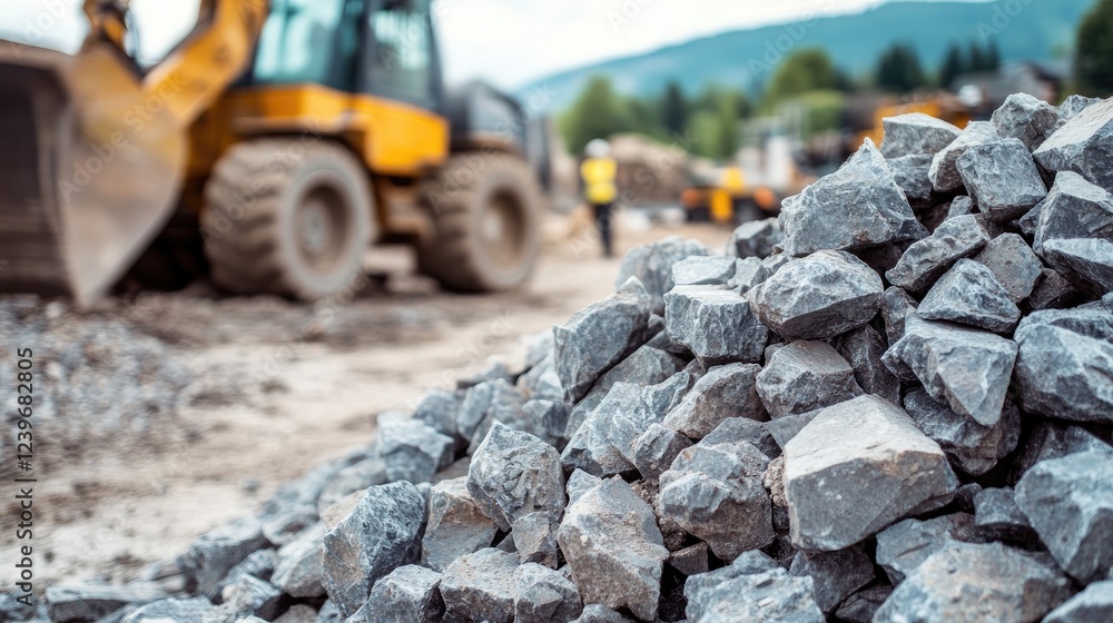 Poster pile of sharp, jagged rocks at a construction site, with machinery and workers out of focus in the b