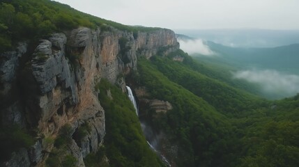Misty Mountain Waterfall Landscape Lush Green Valley