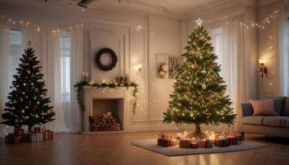 Christmas tree decorated with fairy lights and ornaments in a room,  lights,  festive atmosphere,  indoor decoration