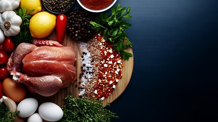 Fresh ingredients laid out on a wooden board for preparing a flavorful chicken dish