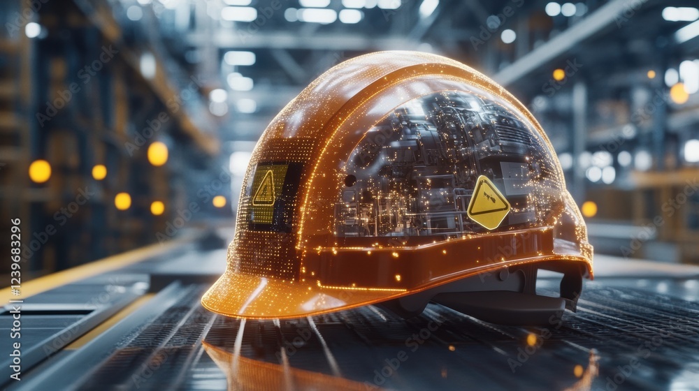 Poster futuristic augmented reality hard hat ensuring worker safety with hazard signs and digital interface