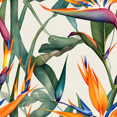 A seamless watercolor pattern of bird of paradise flowers in full bloom, perfect for textiles and decor. 