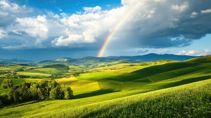 Rolling hills bathed in sunlight, with a vivid rainbow crossing the horizon under a serene blue sky dotted with fluffy clouds.