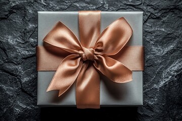 Rose Gold Gift Bow on Grey Box Against Dark Stone Background