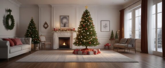 Christmas tree in a large living room with ornaments and garland,  holiday tree,  festive atmosphere, Christmas tree