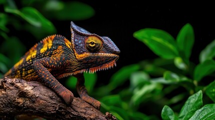 Obraz premium Vibrant Colorful Lizard Perched Gracefully on a Branch Surrounded by Lush Green Foliage in a Tropical Forest Environment Capturing Nature's Beauty