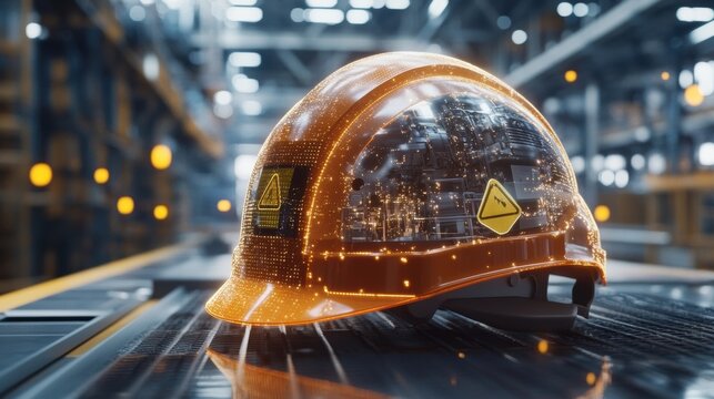 Futuristic augmented reality hard hat ensuring worker safety with hazard signs and digital interface overlay displaying factory production line in modern industrial environment