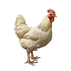 Fototapeta premium white chicken standing proudly with vibrant red comb and wattles, showcasing its feathers and strong legs. This bird represents farm life and poultry farming